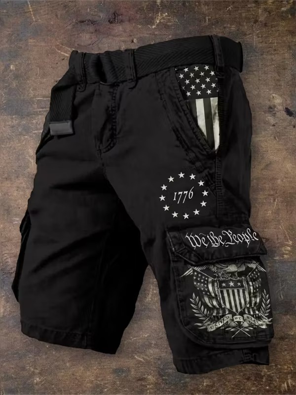 Men's American Flag Print Denim-Like Casual Shorts