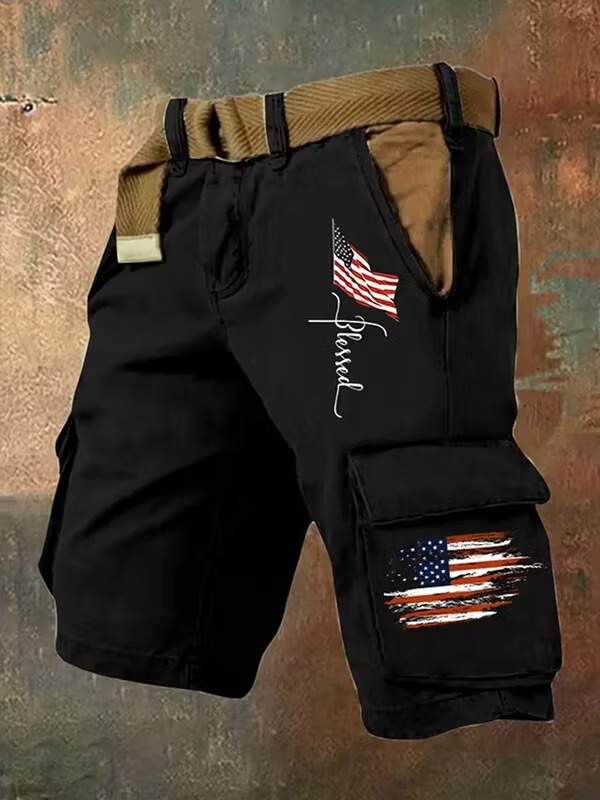 Men's American Flag Print Denim-Like Casual Shorts