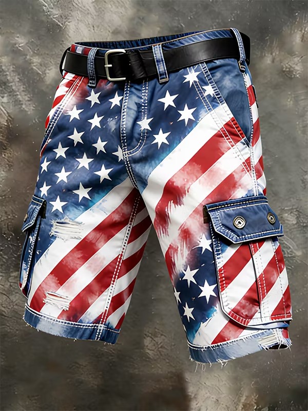 Men's American Flag Print Denim-Like Casual Shorts