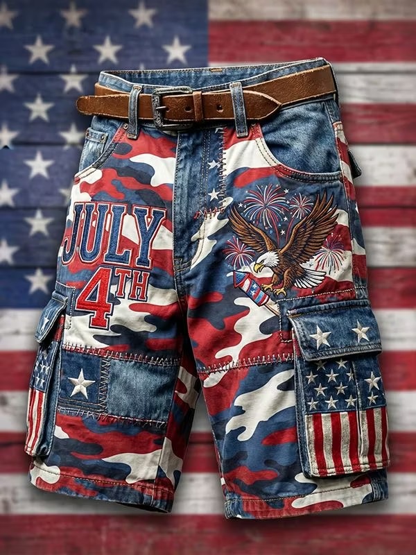 Men's American Flag Print Denim-Like Casual Shorts