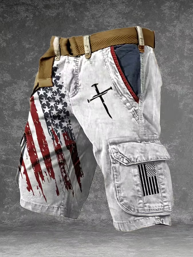 Men's American Flag Print Denim-Like Casual Shorts