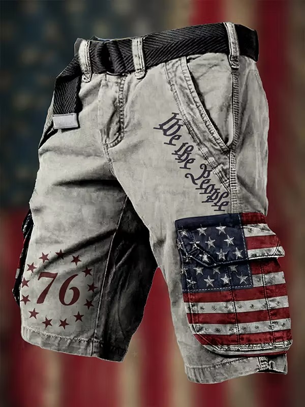 Men's American Flag Print Denim-Like Casual Shorts