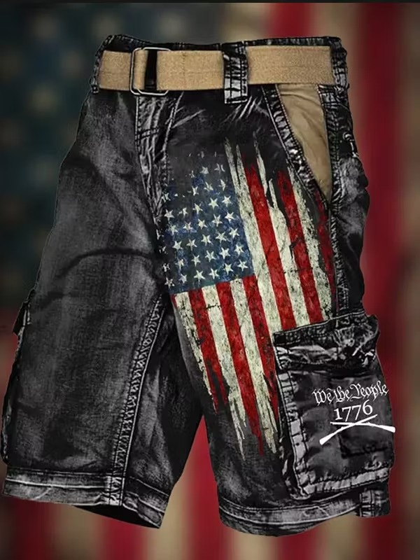 Men's American Flag Print Denim-Like Casual Shorts