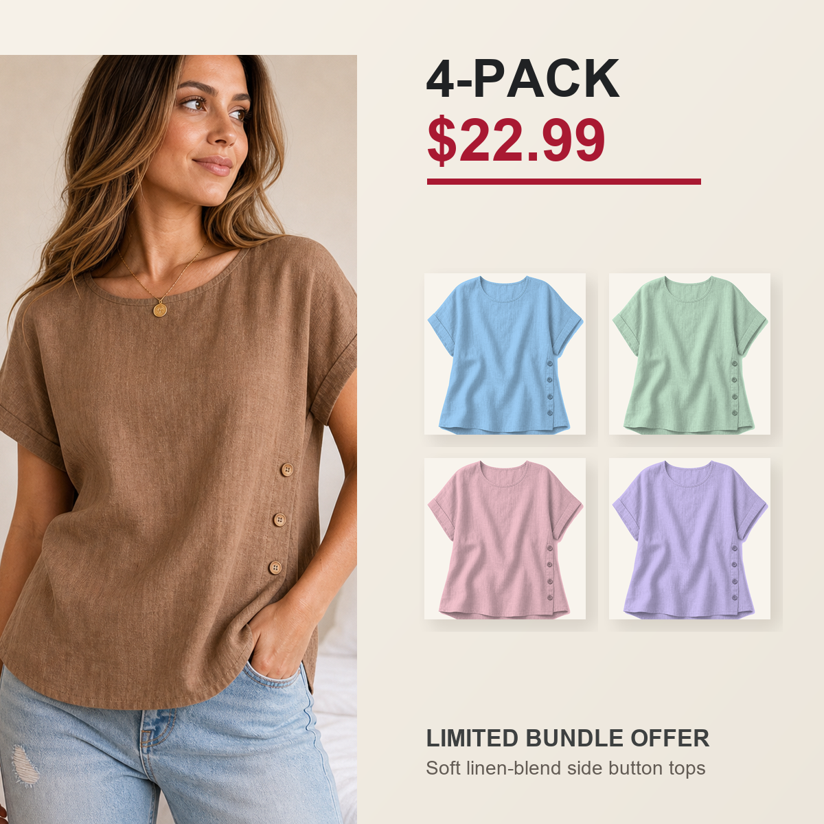 Women's Side Button Short Sleeve Linen-Blend Top