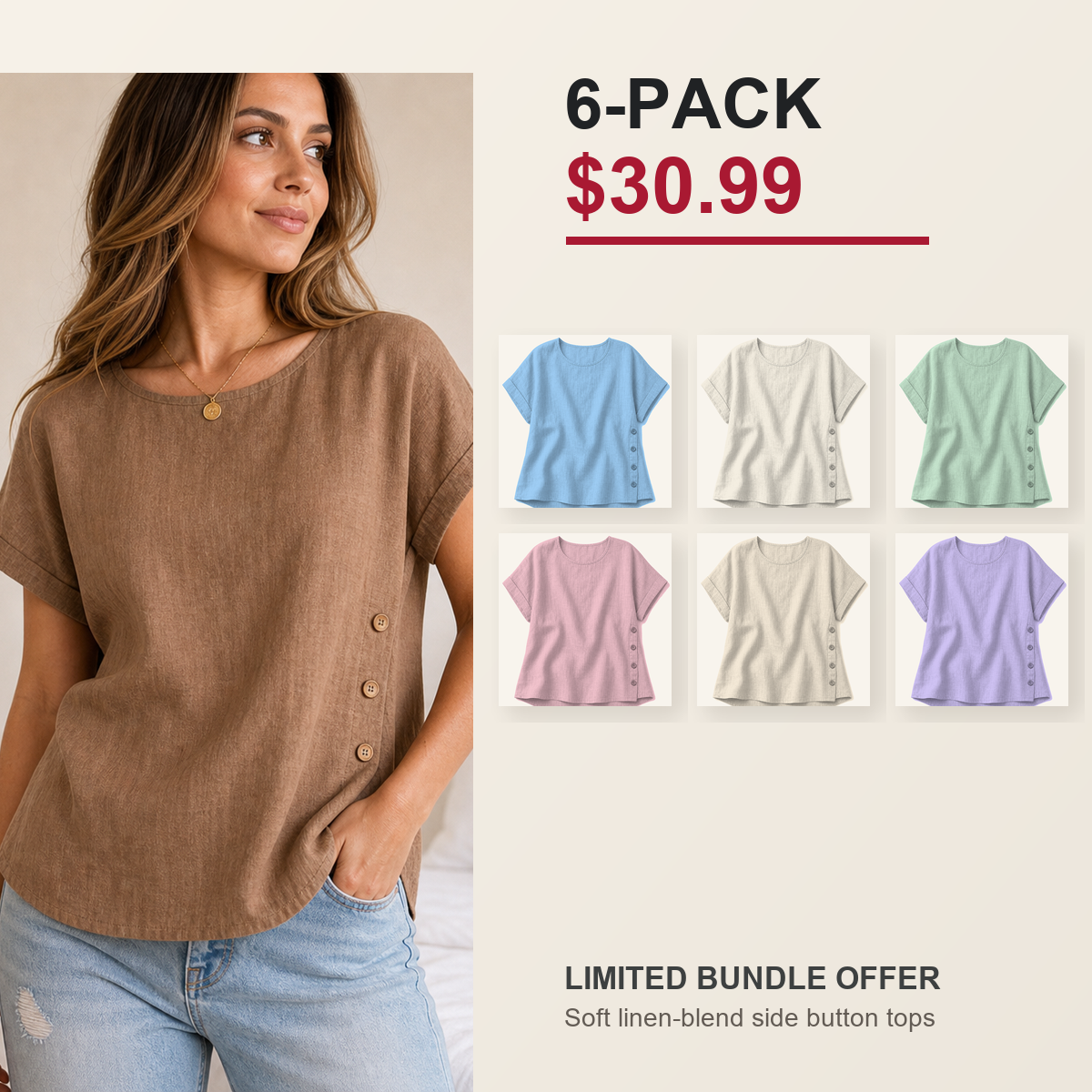 Women's Side Button Short Sleeve Linen-Blend Top