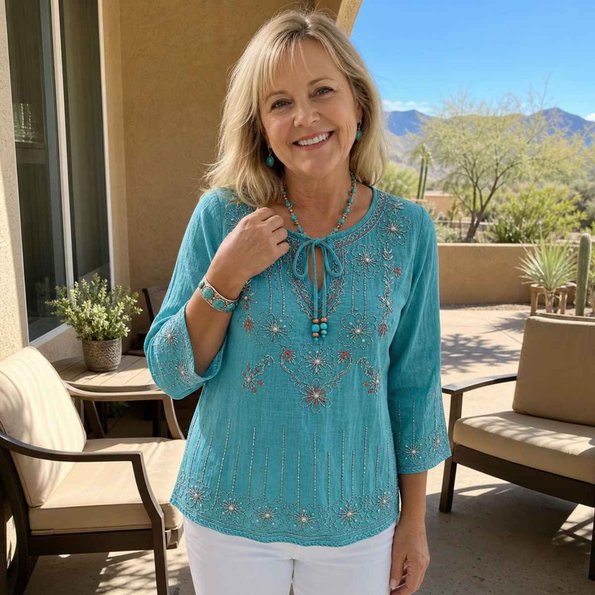 T3u0730001 Turquoise blouse outfit inspiration
