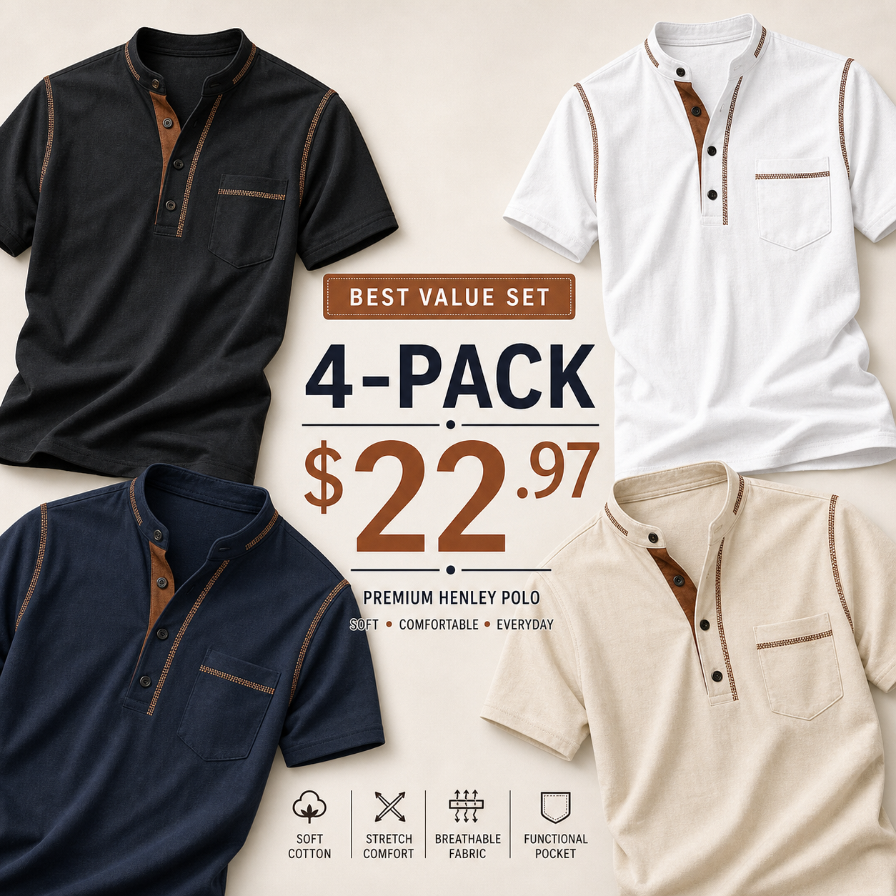 Men's Henley Pocket Polo Shirt - Basic 4-Pack