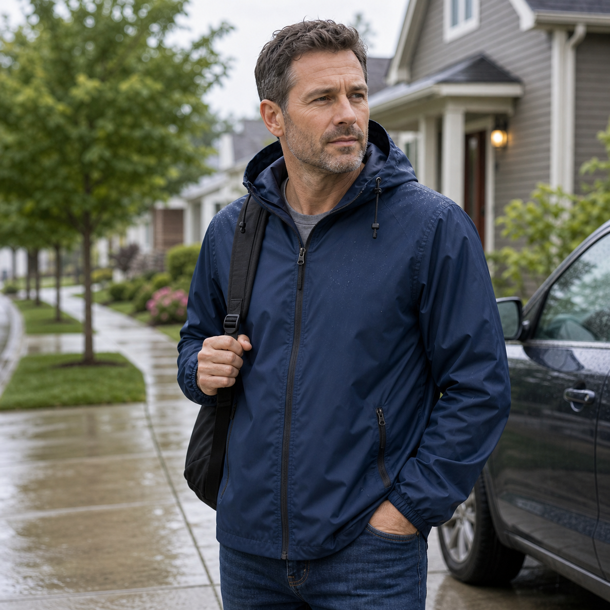 Men wearing lightweight waterproof rain jacket during daily commute