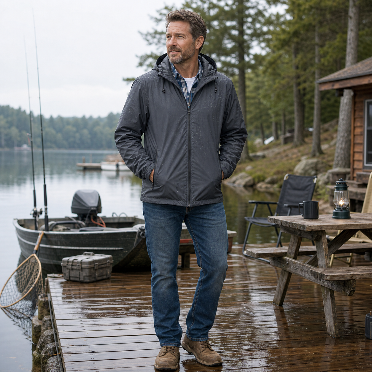 Men styling waterproof packable rain jacket outdoors