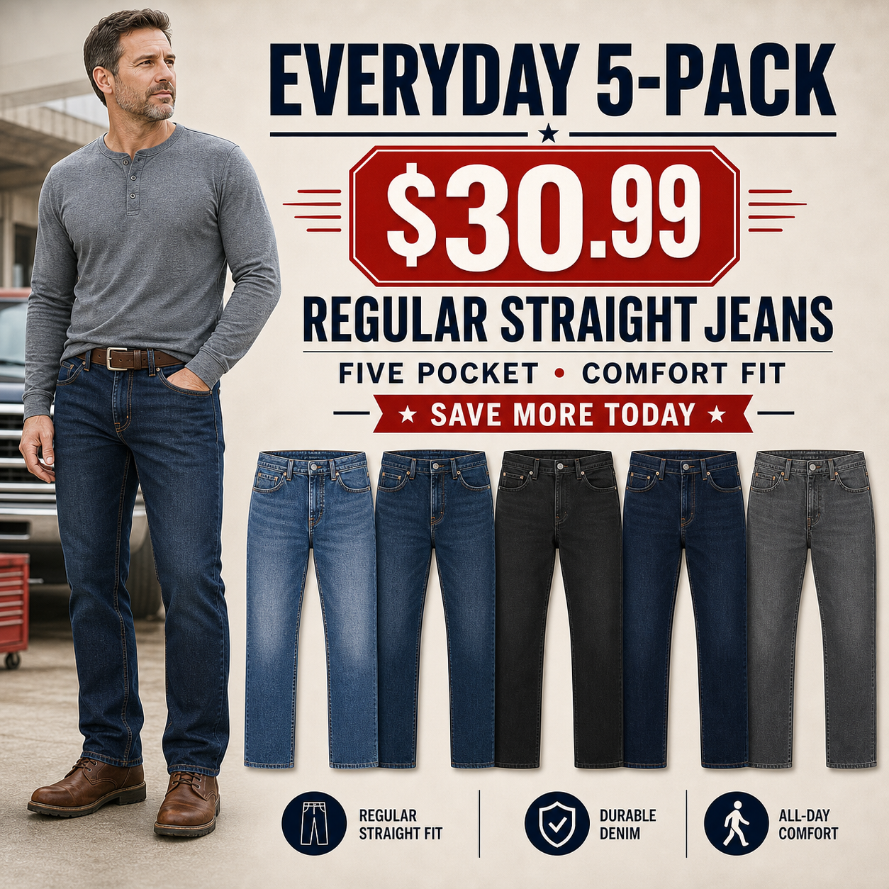 Men's Regular-Fit Straight-Leg Comfort Jeans