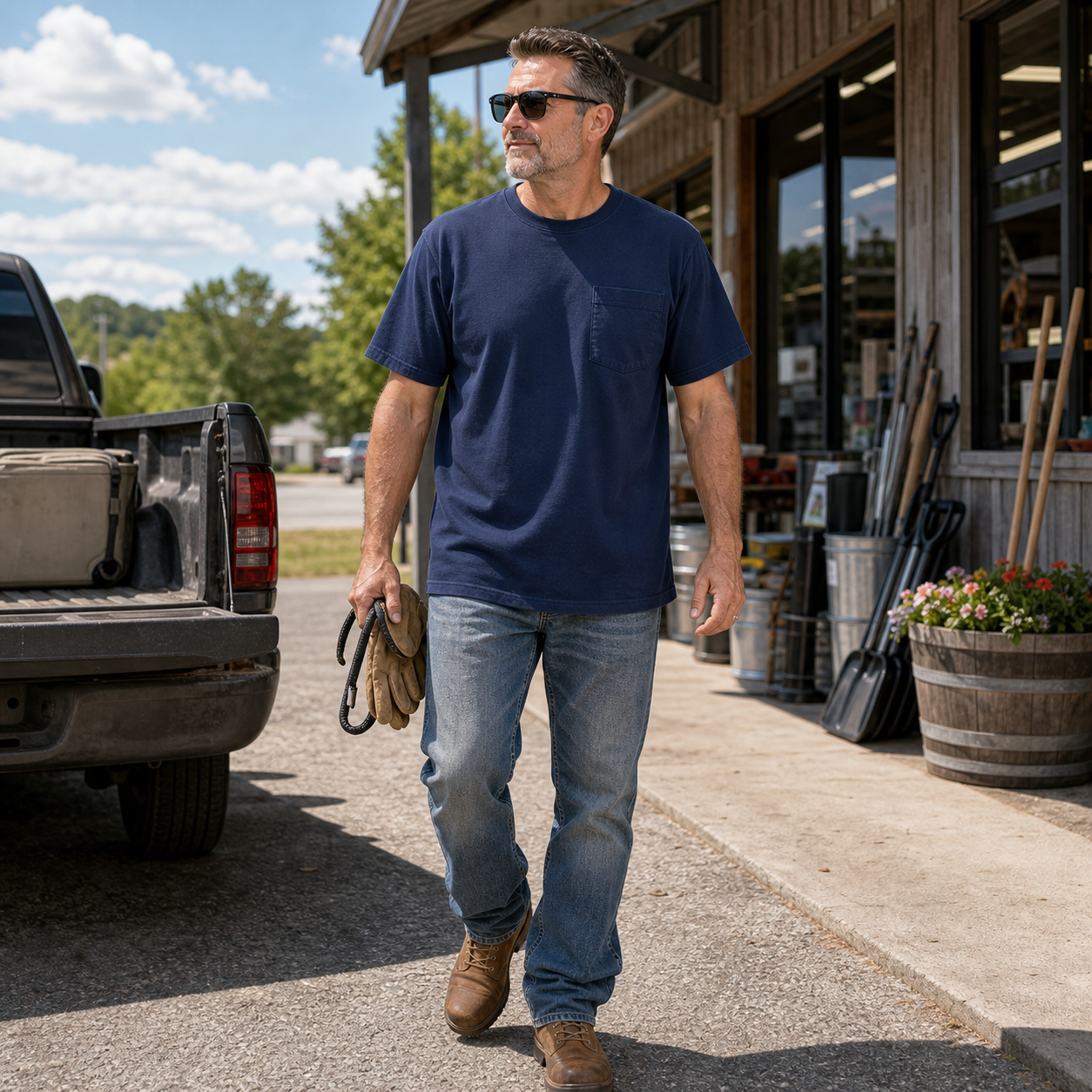 Navy heavyweight pocket T-shirt weekend outfit