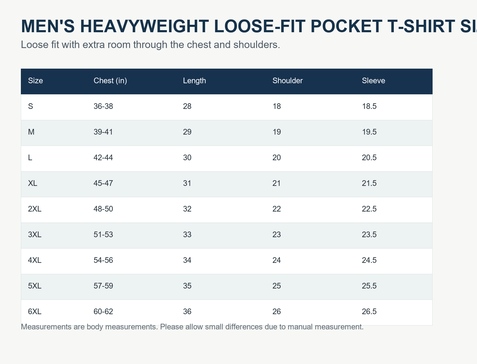 Men's Heavyweight Loose-Fit Pocket T-Shirt Size Chart S-6XL