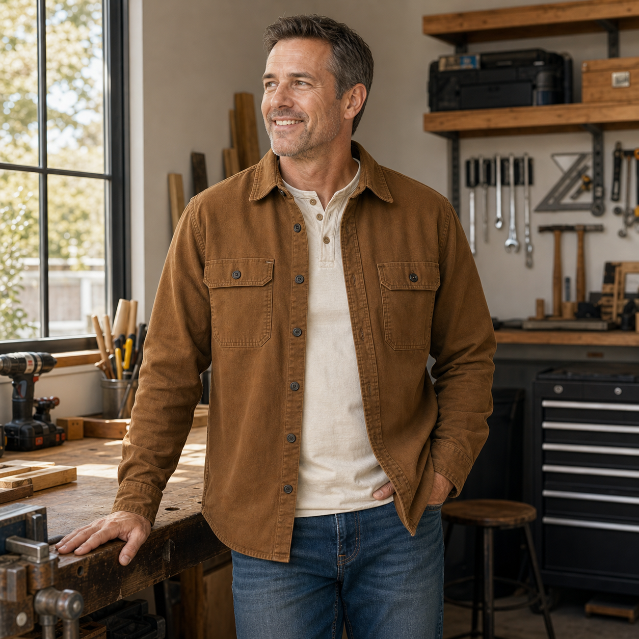 Model wearing rugged warm shirt jacket