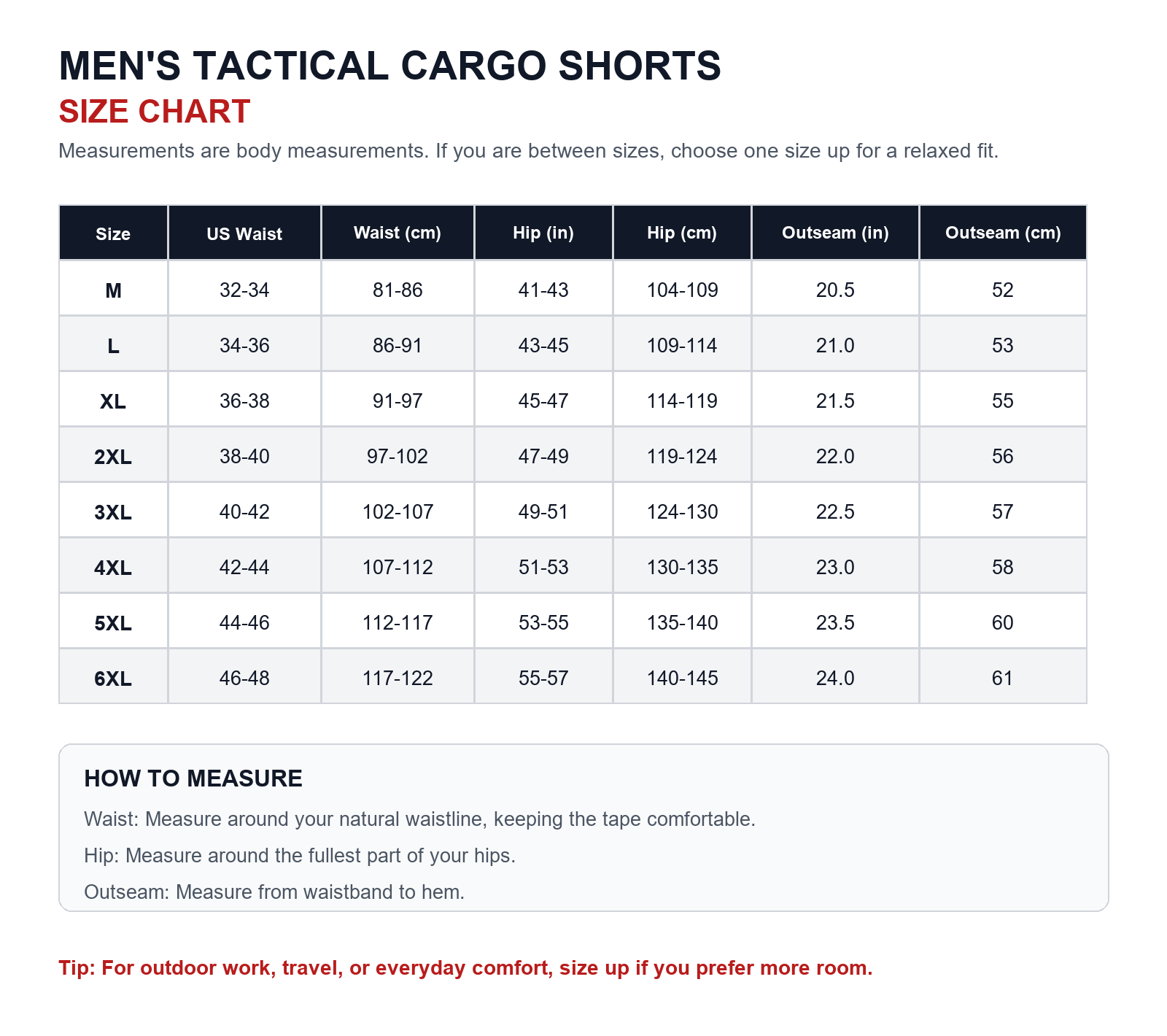 Men's Tactical Cargo Shorts Size Chart