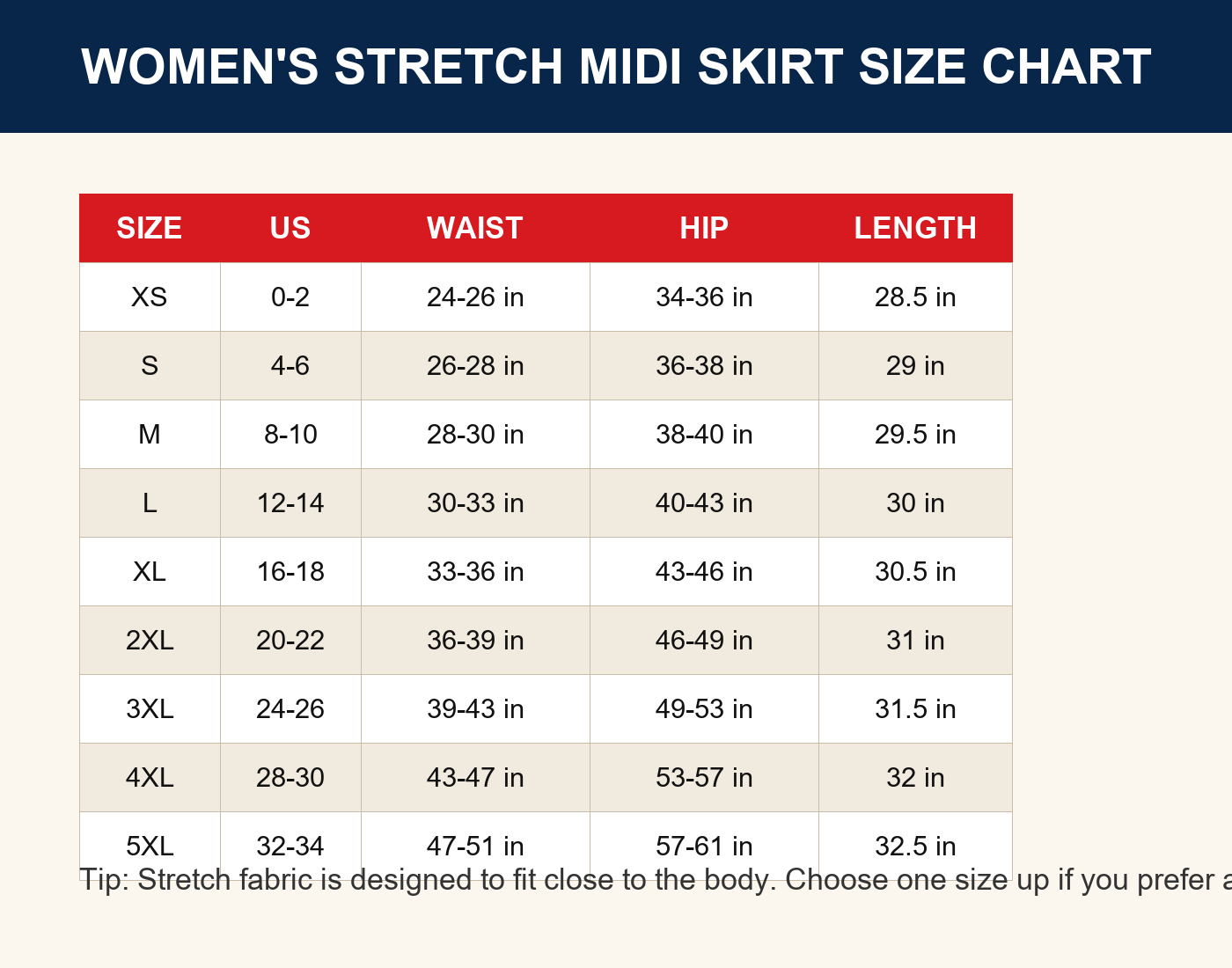 Women's High Waist Stretch Bodycon Midi Skirt Size Chart XS-5XL