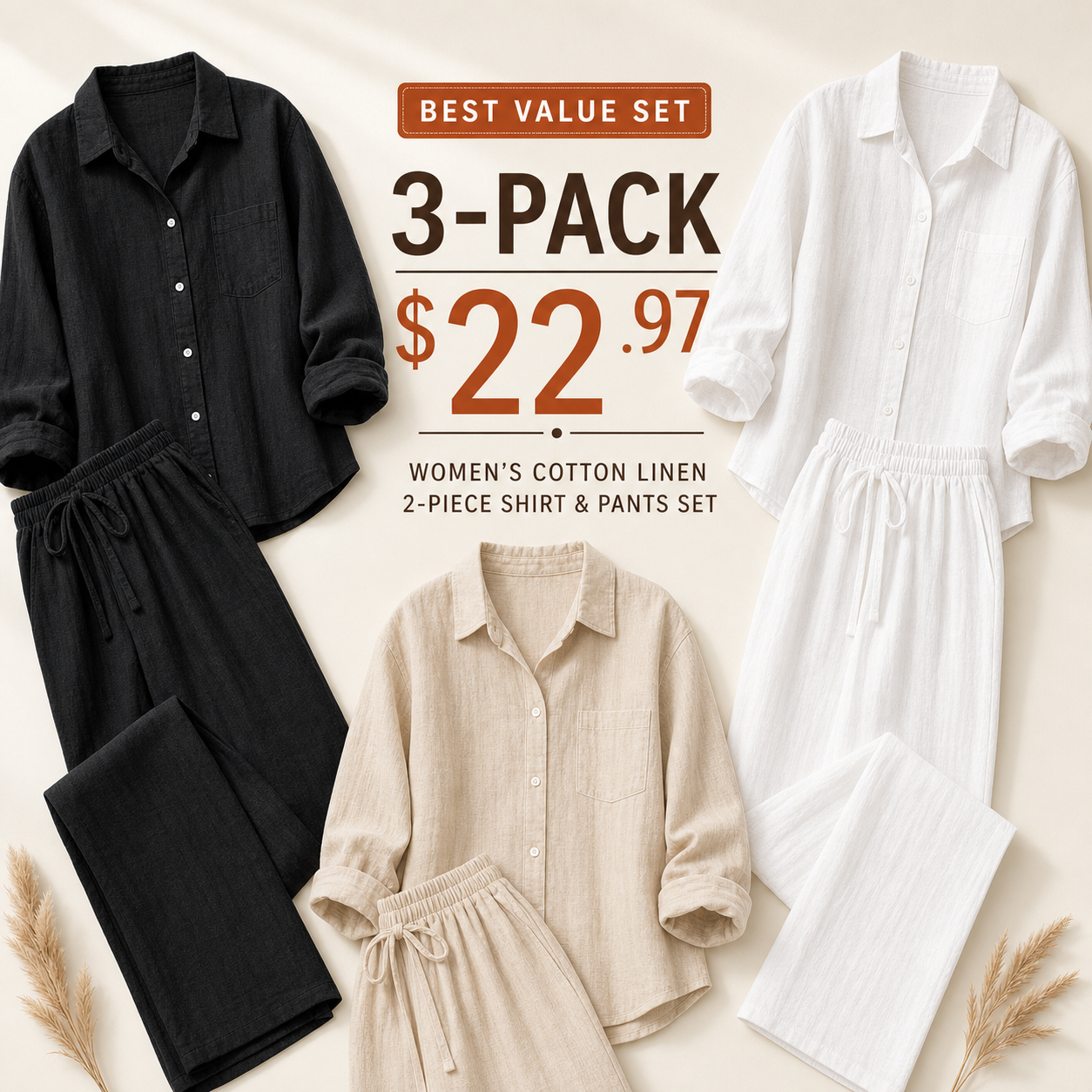 Women's Cotton Linen Two-Piece Set - Basic 3-Pack