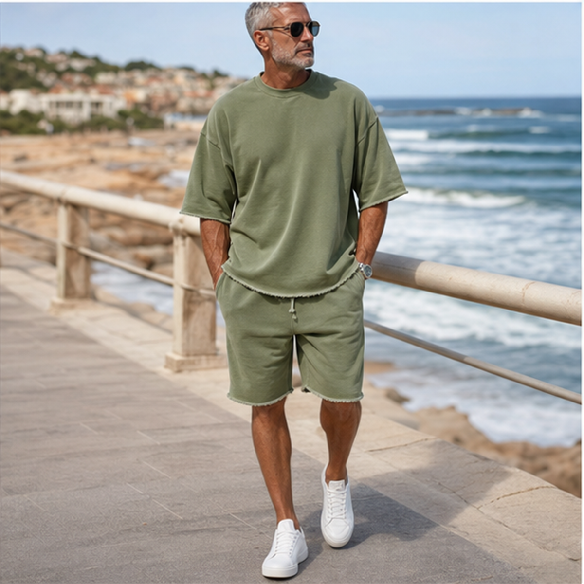 T3u0731001 olive two-piece set on a coastal walk