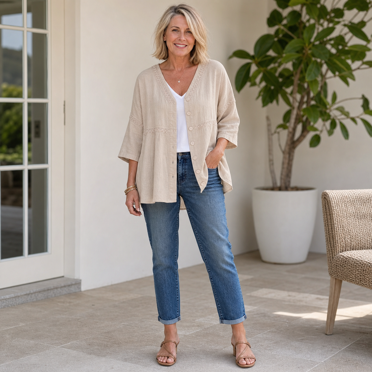 6tu0722002 Beige embroidered button-front cardigan blouse