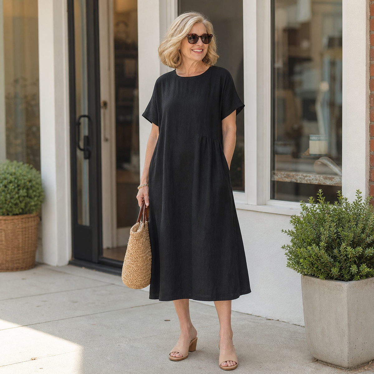 T3u0714004 Black relaxed linen blend pocket midi dress