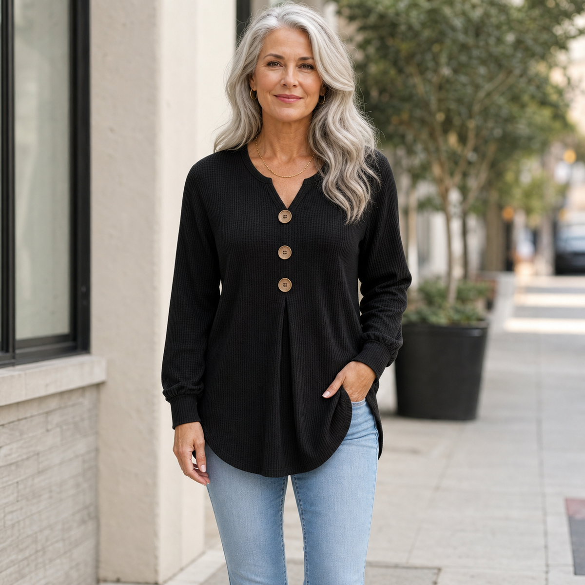 T3u0716002 Black textured button front tunic blouse