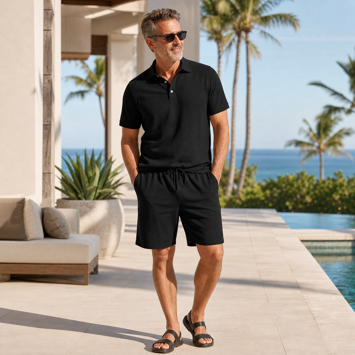 6tu0724001 Black men's polo shirt and shorts set