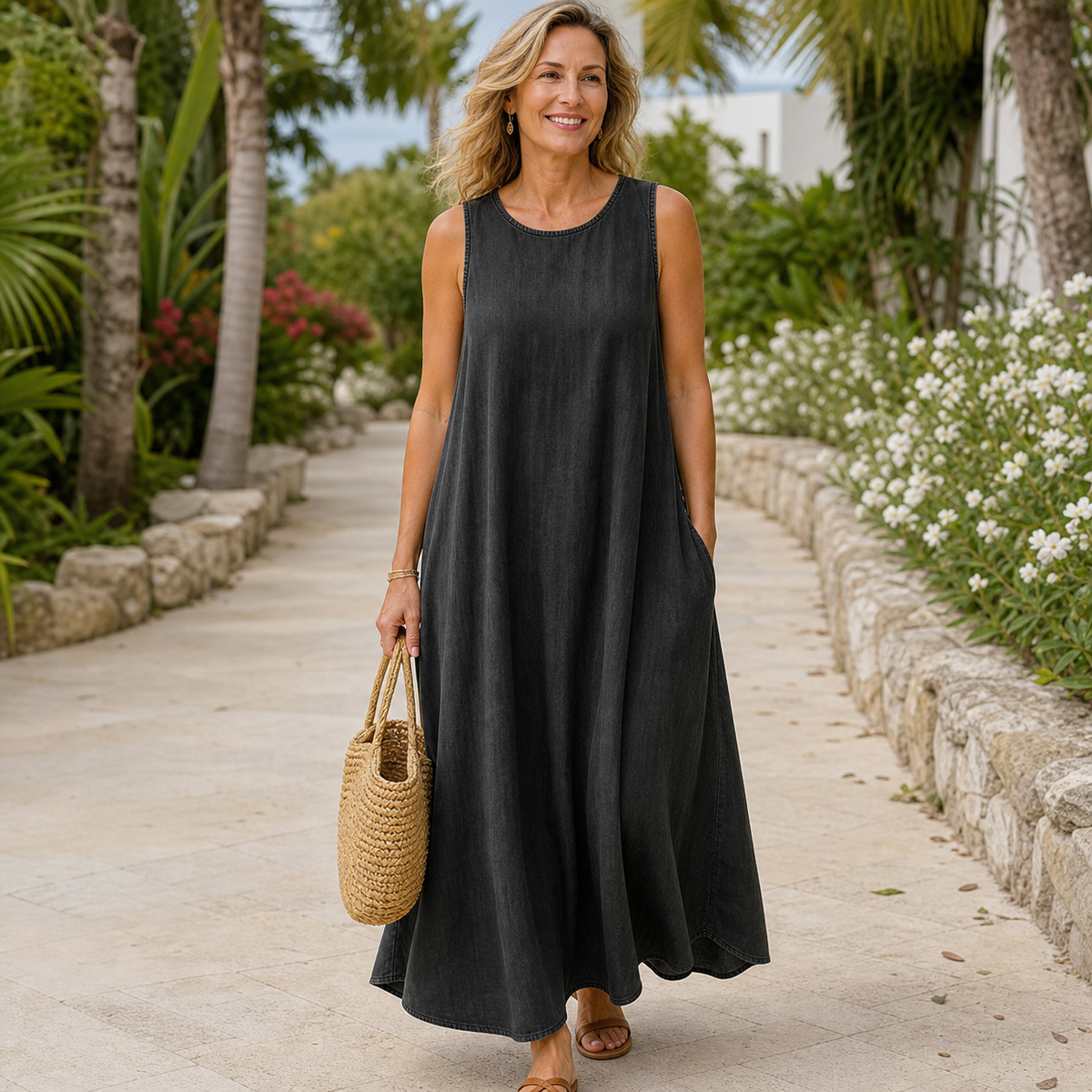 6tu0725001 Black sleeveless relaxed A-line dress