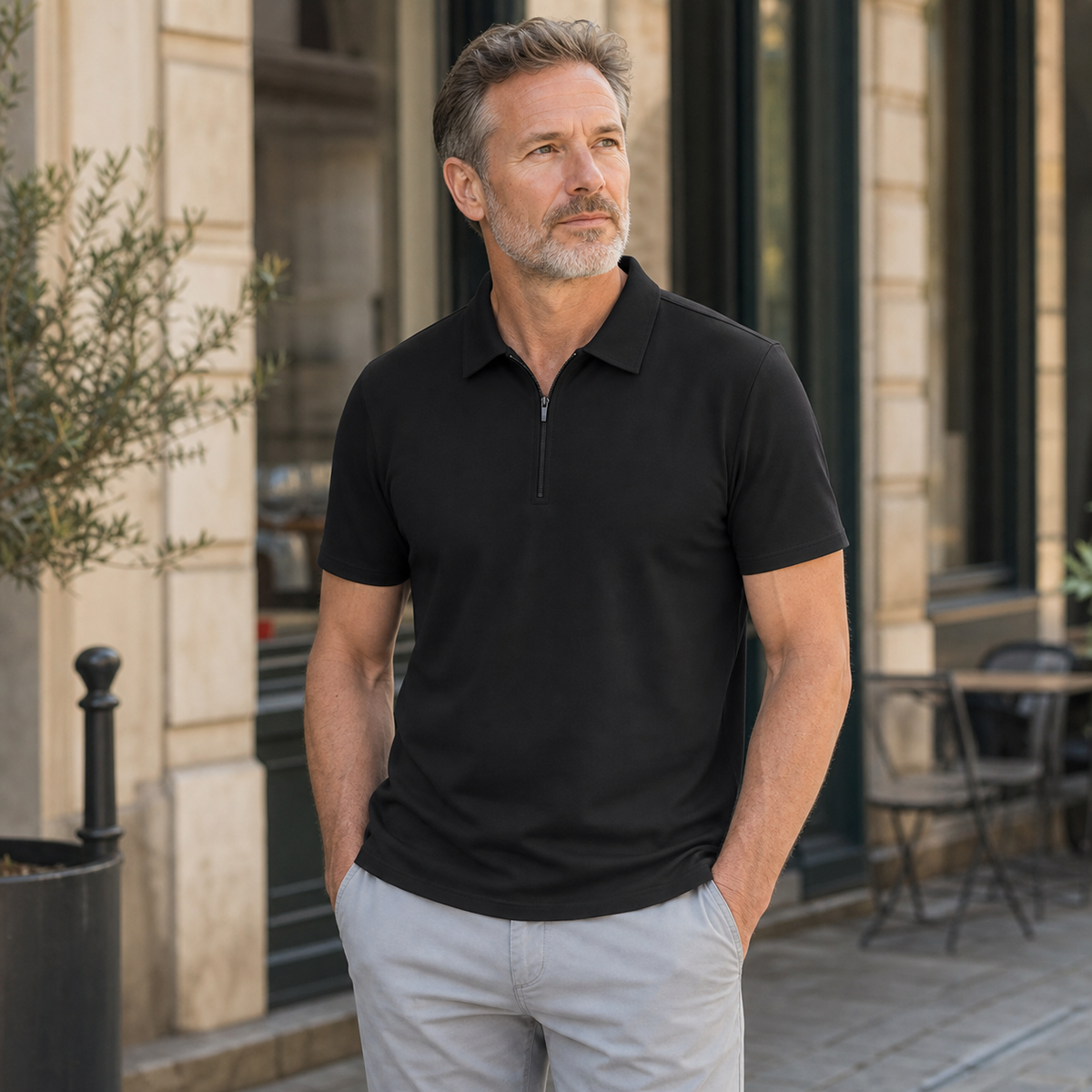 T3u0725001 Black men's short sleeve half-zip polo shirt