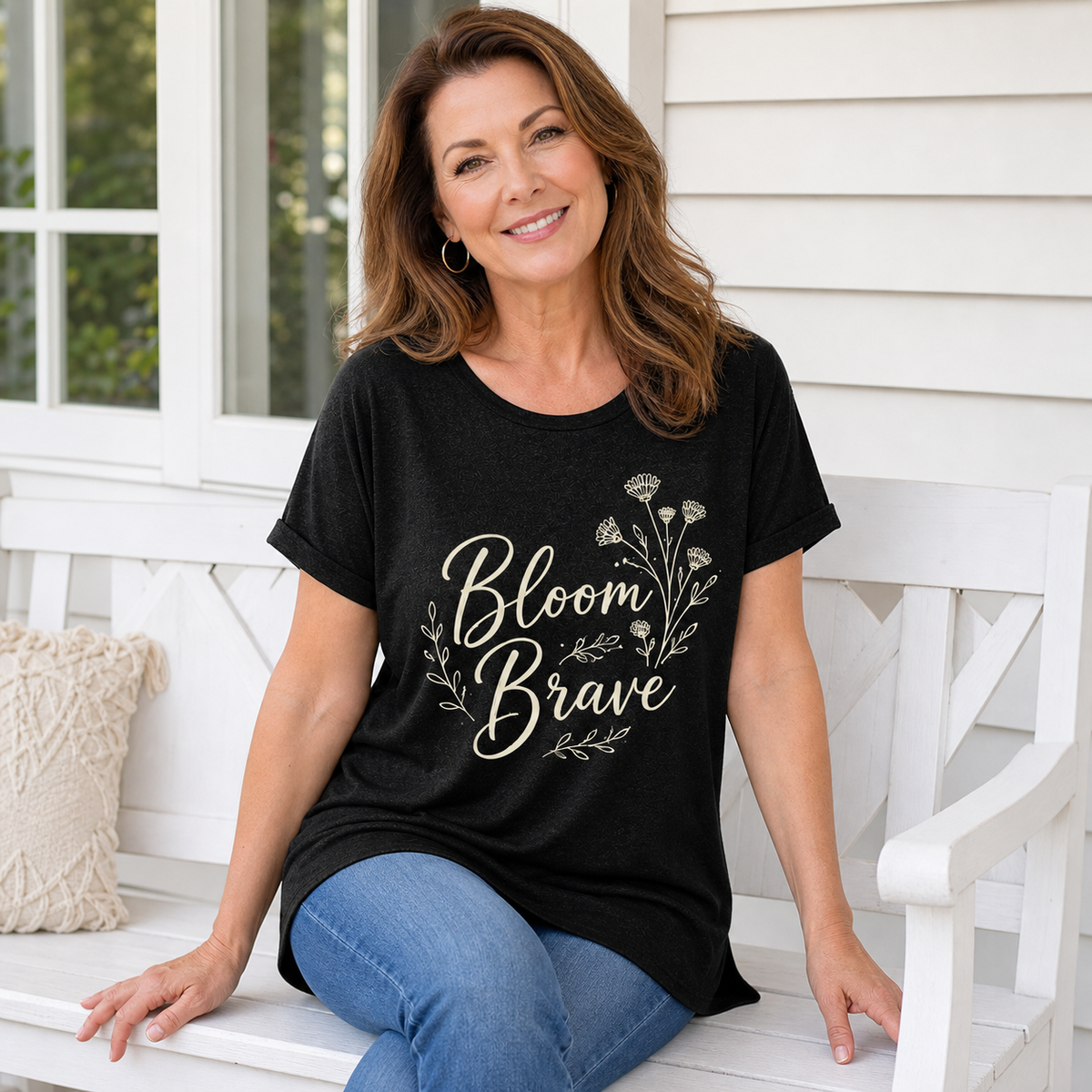 T3u0727001 Black women's floral graphic crewneck T-shirt