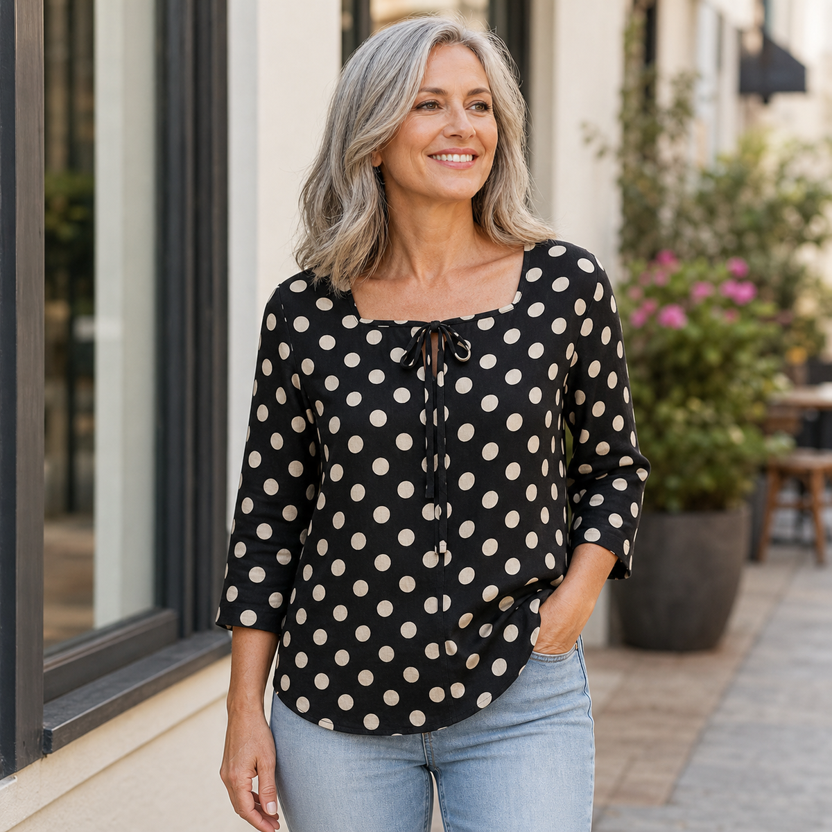T3u0716001 Black Cream Dots polka dot tie front blouse