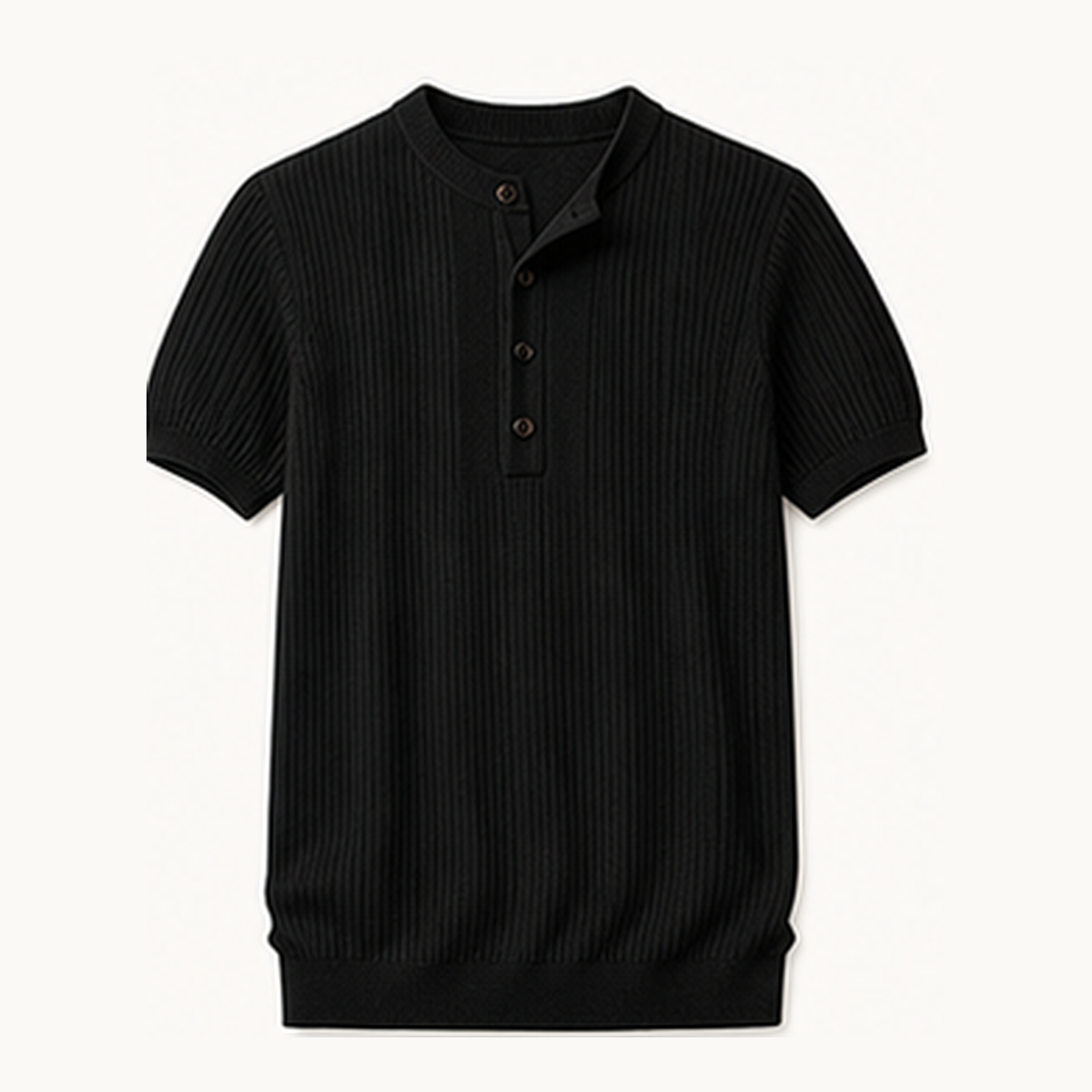 6tu0725002 Black short sleeve ribbed knit henley shirt