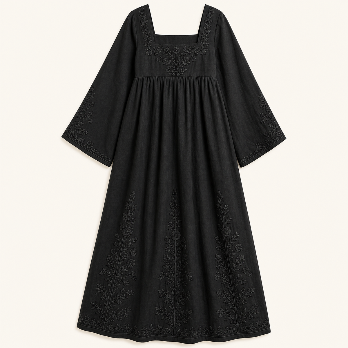 6tu0727001 Black embroidered square neck maxi dress