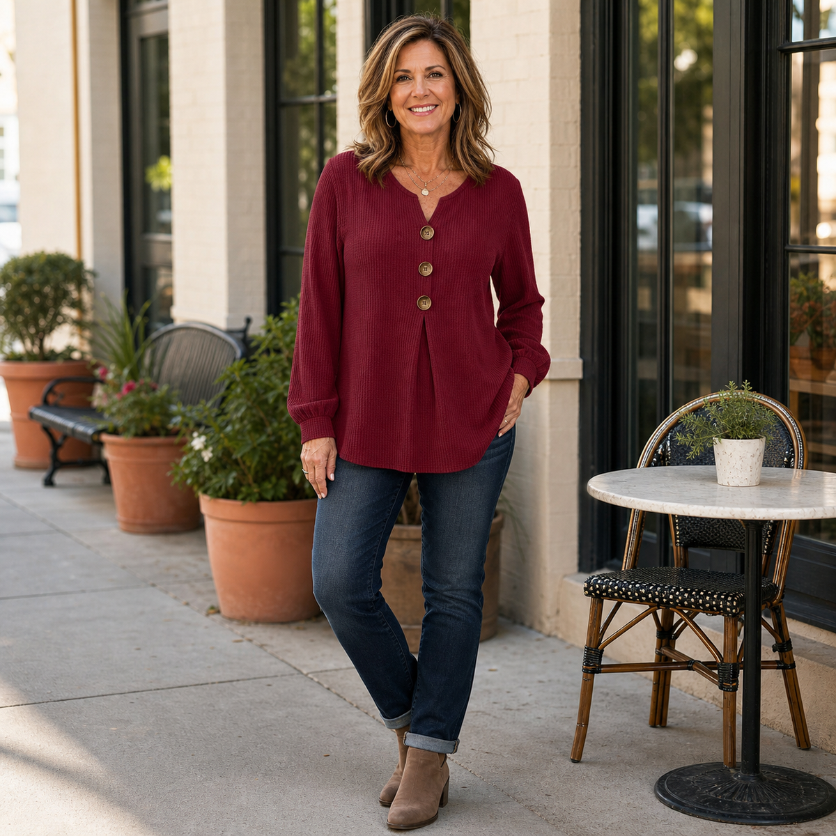T3u0716002 Burgundy textured button front tunic blouse