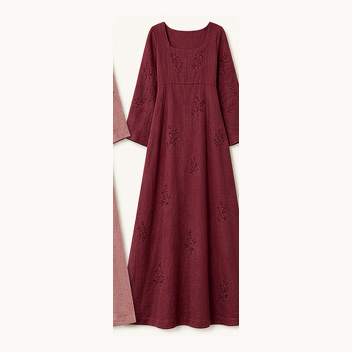 6tu0727001 Burgundy embroidered square neck maxi dress