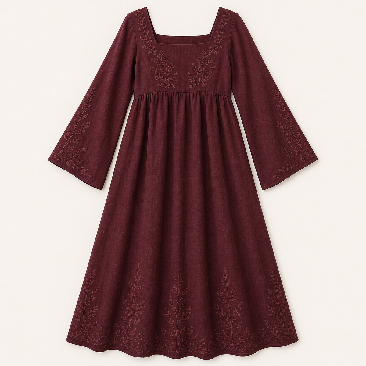6tu0727001 Burgundy embroidered square neck maxi dress