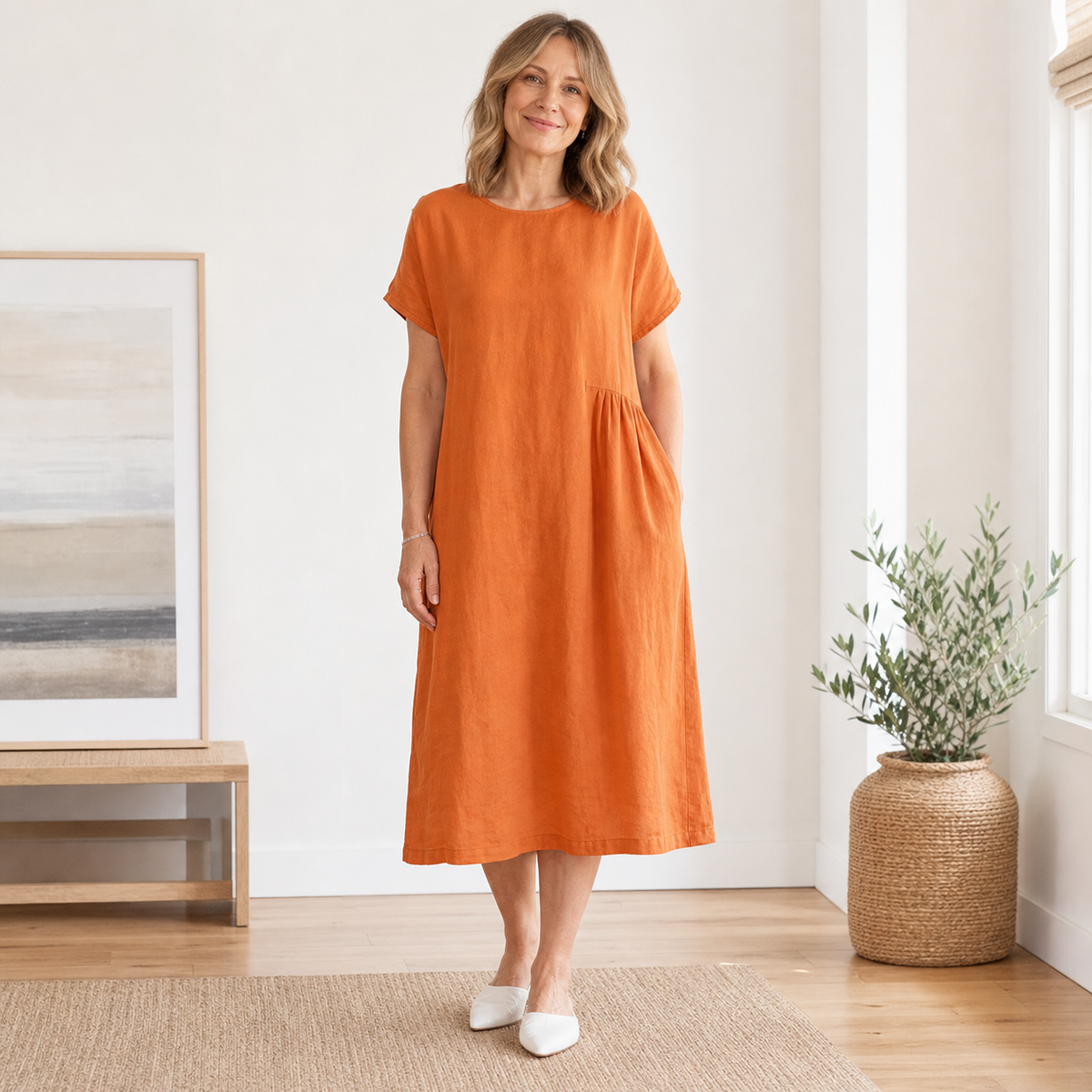 T3u0714004 Burnt Orange relaxed linen blend pocket midi dress