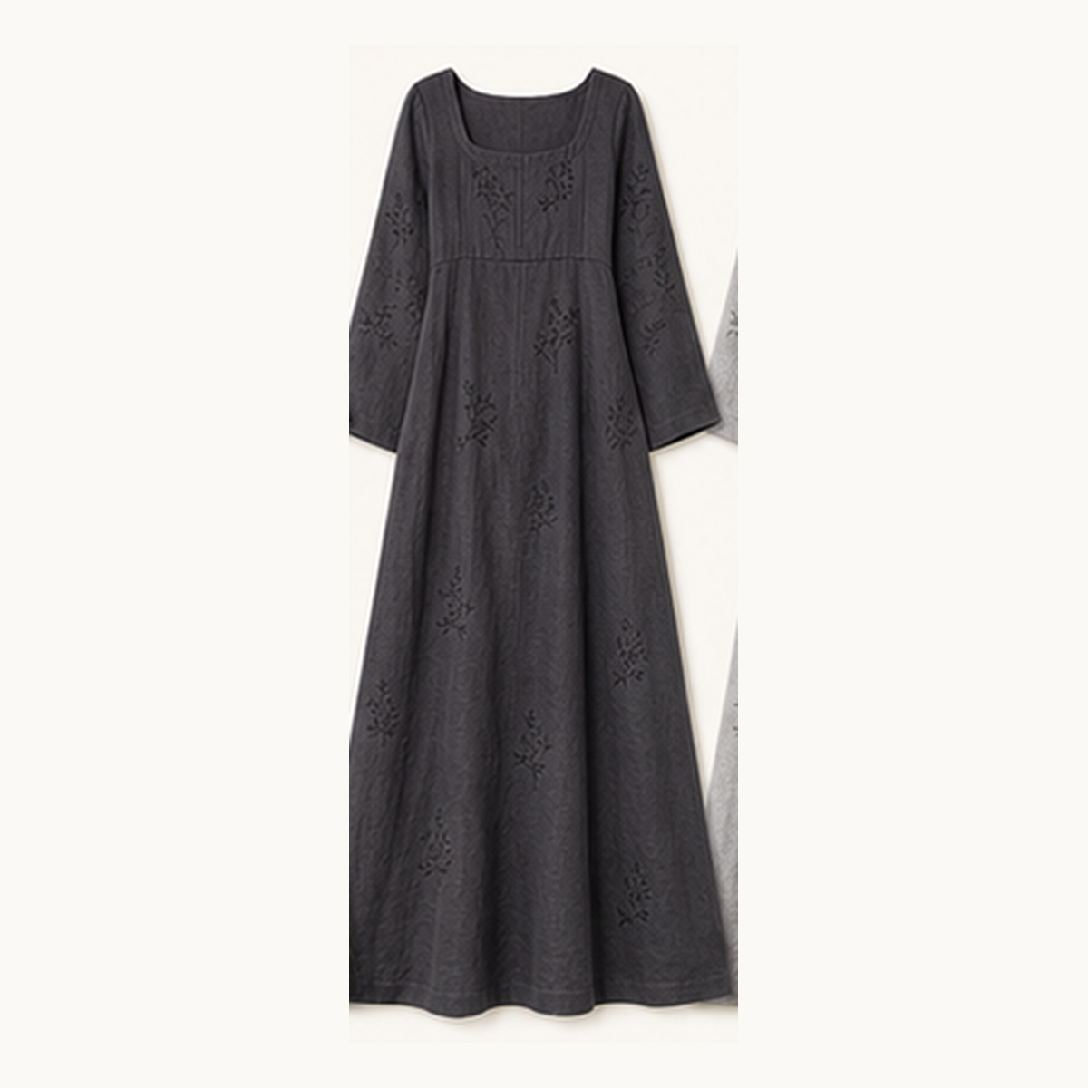 6tu0727001 Charcoal Gray embroidered square neck maxi dress