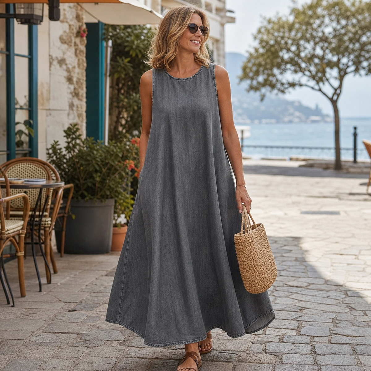 6tu0725001 Charcoal Gray Wash sleeveless relaxed A-line dress
