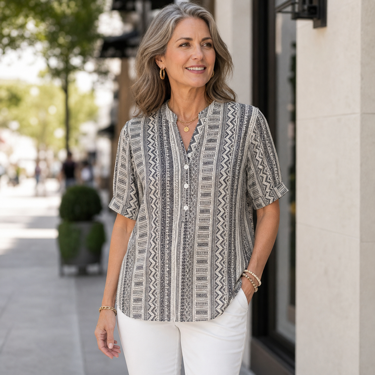 T3u0723002 Charcoal Ivory women's geometric print button-front blouse