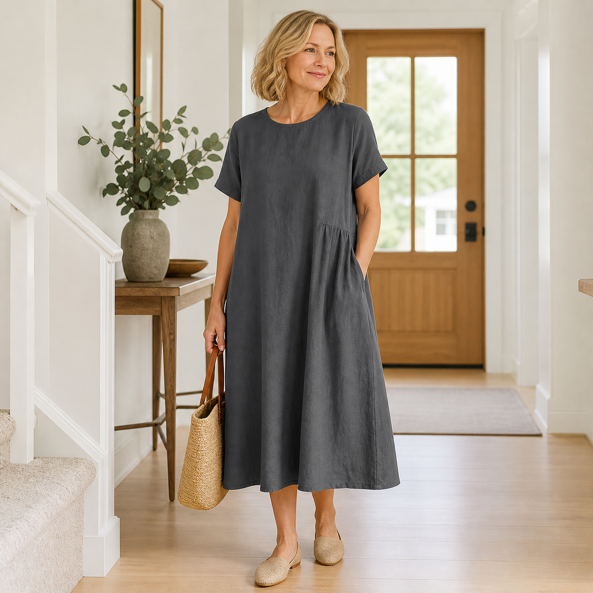 T3u0714004 Charcoal relaxed linen blend pocket midi dress