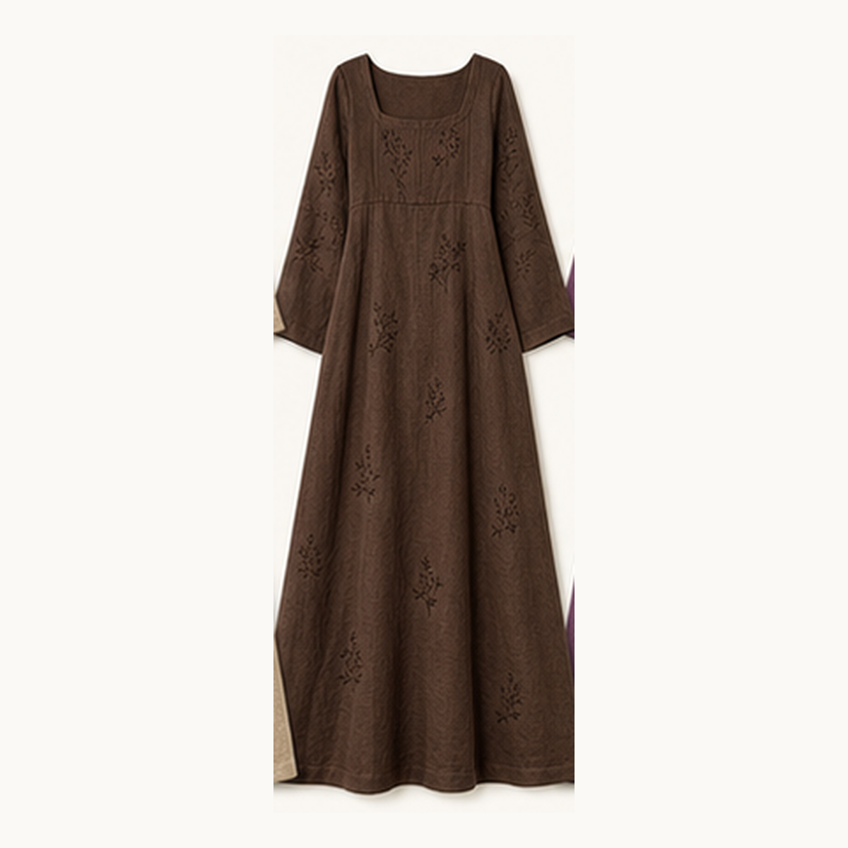 6tu0727001 Chocolate Brown embroidered square neck maxi dress