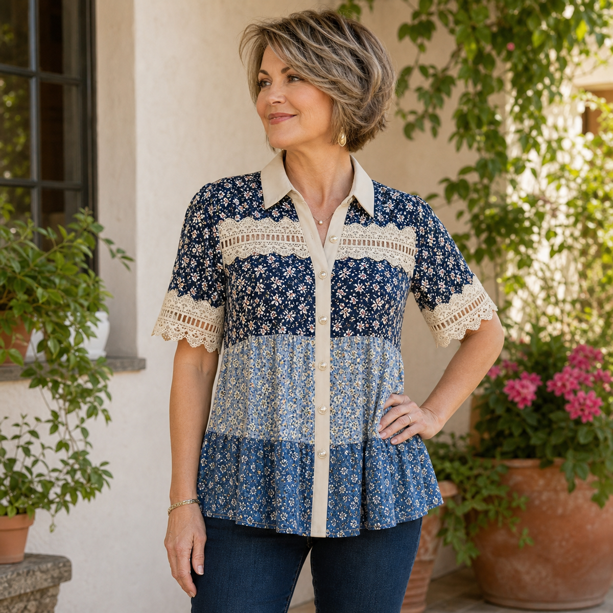 T3u0715002 Denim Blue Cream Floral patchwork lace button front blouse