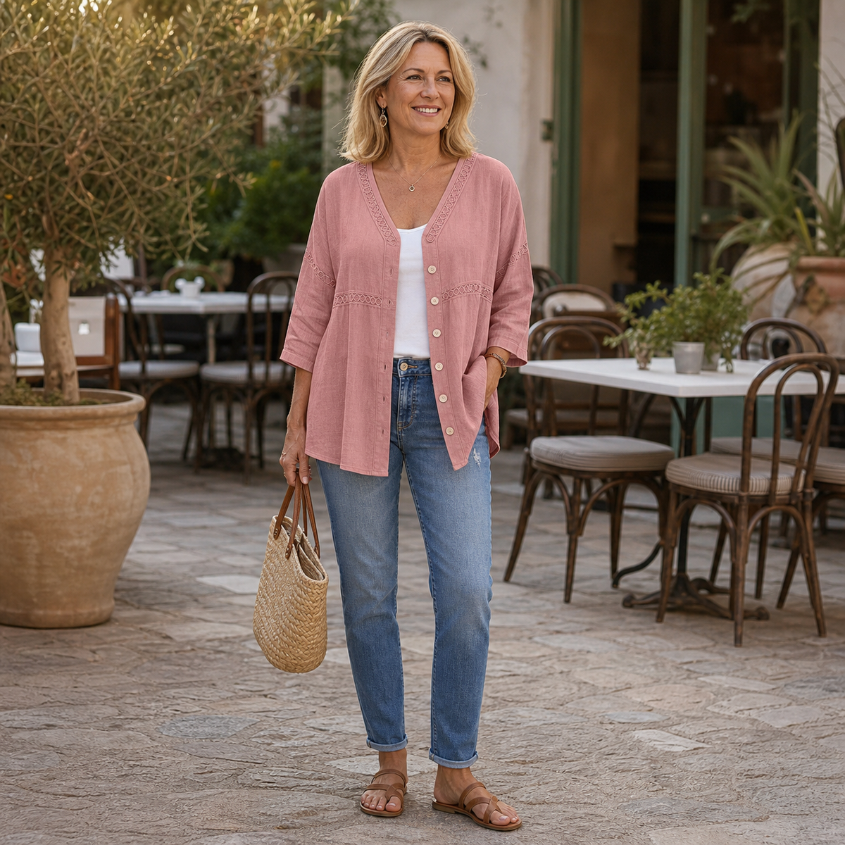 6tu0722002 Dusty Rose embroidered button-front cardigan blouse