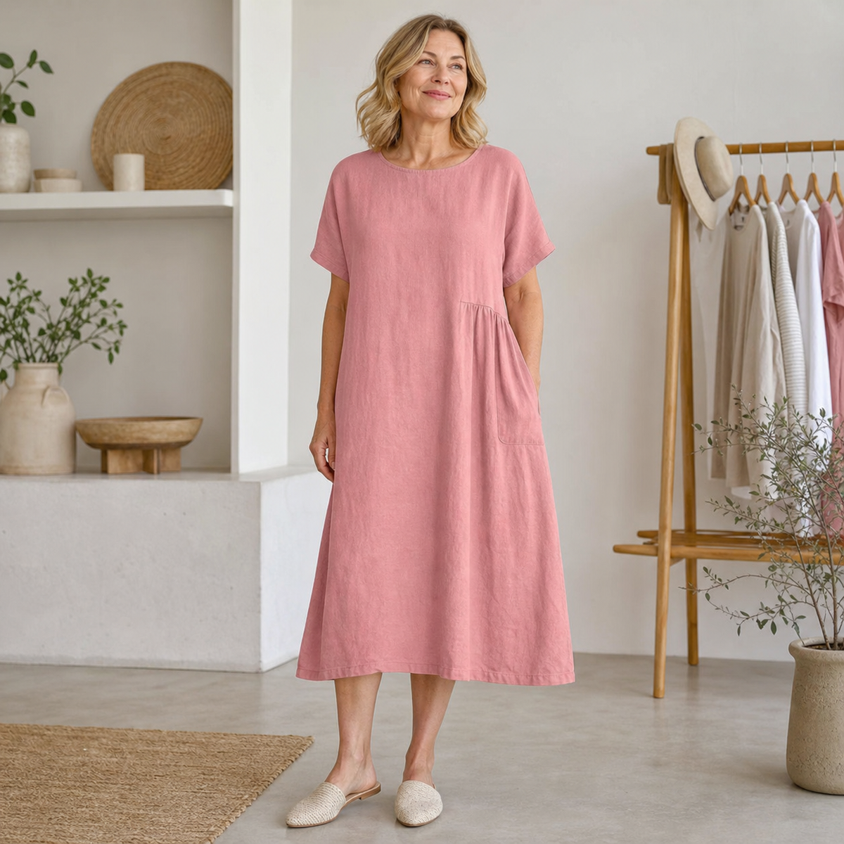 T3u0714004 Dusty Rose relaxed linen blend pocket midi dress