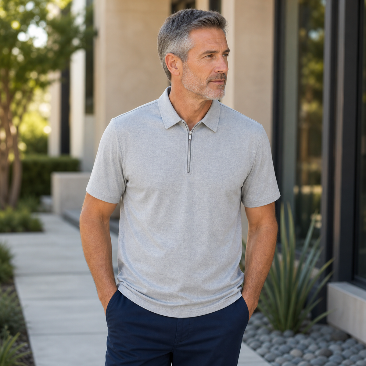 T3u0725001 Heather Gray men's short sleeve half-zip polo shirt