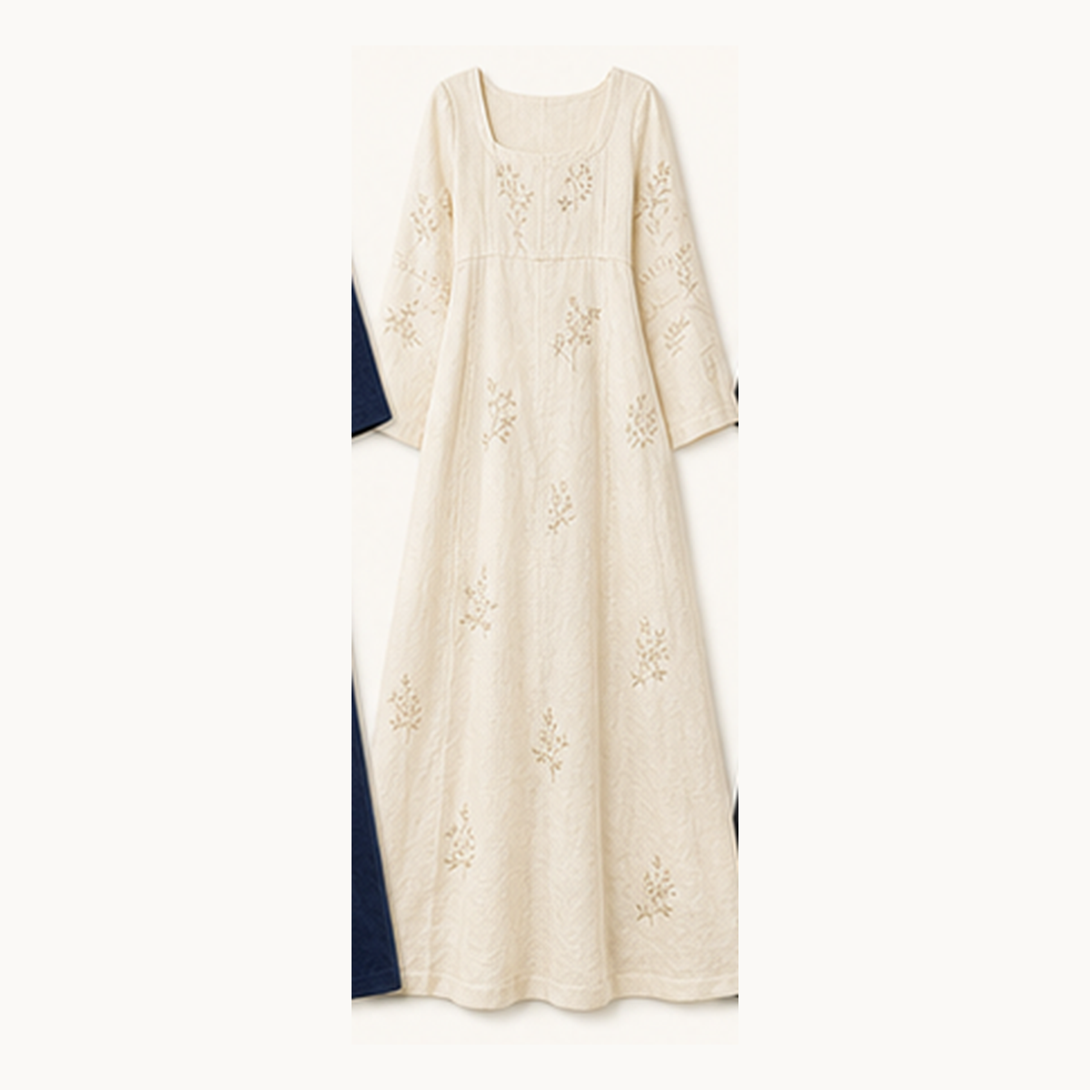 6tu0727001 Ivory Cream embroidered square neck maxi dress