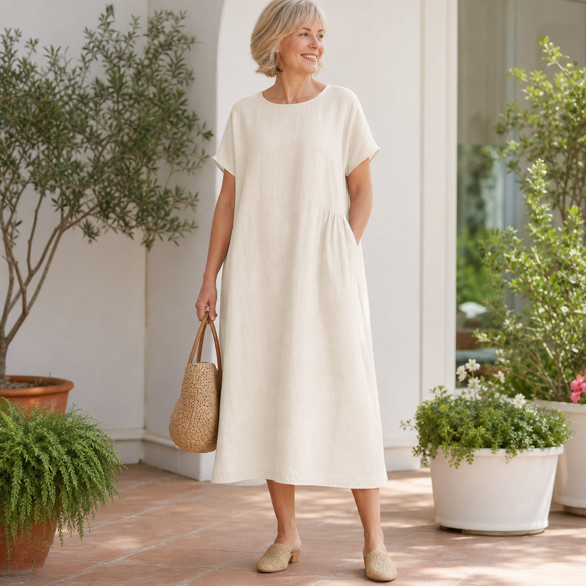 T3u0714004 Ivory relaxed linen blend pocket midi dress