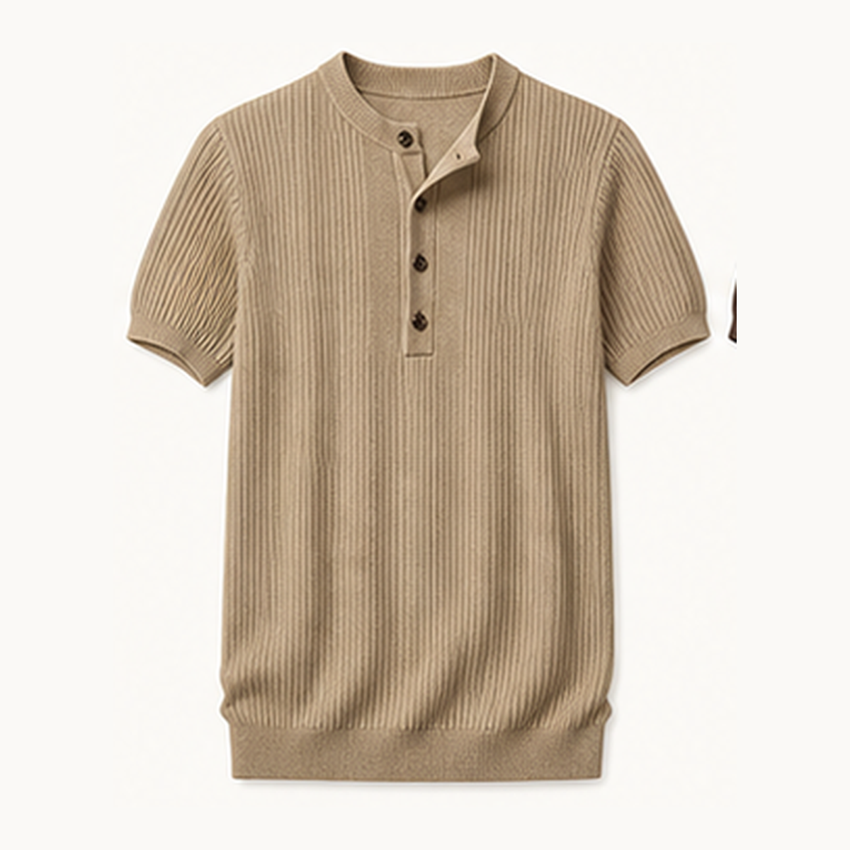 6tu0725002 Khaki Beige short sleeve ribbed knit henley shirt