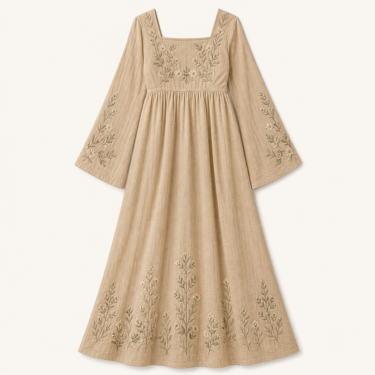 6tu0727001 Khaki Beige embroidered square neck maxi dress
