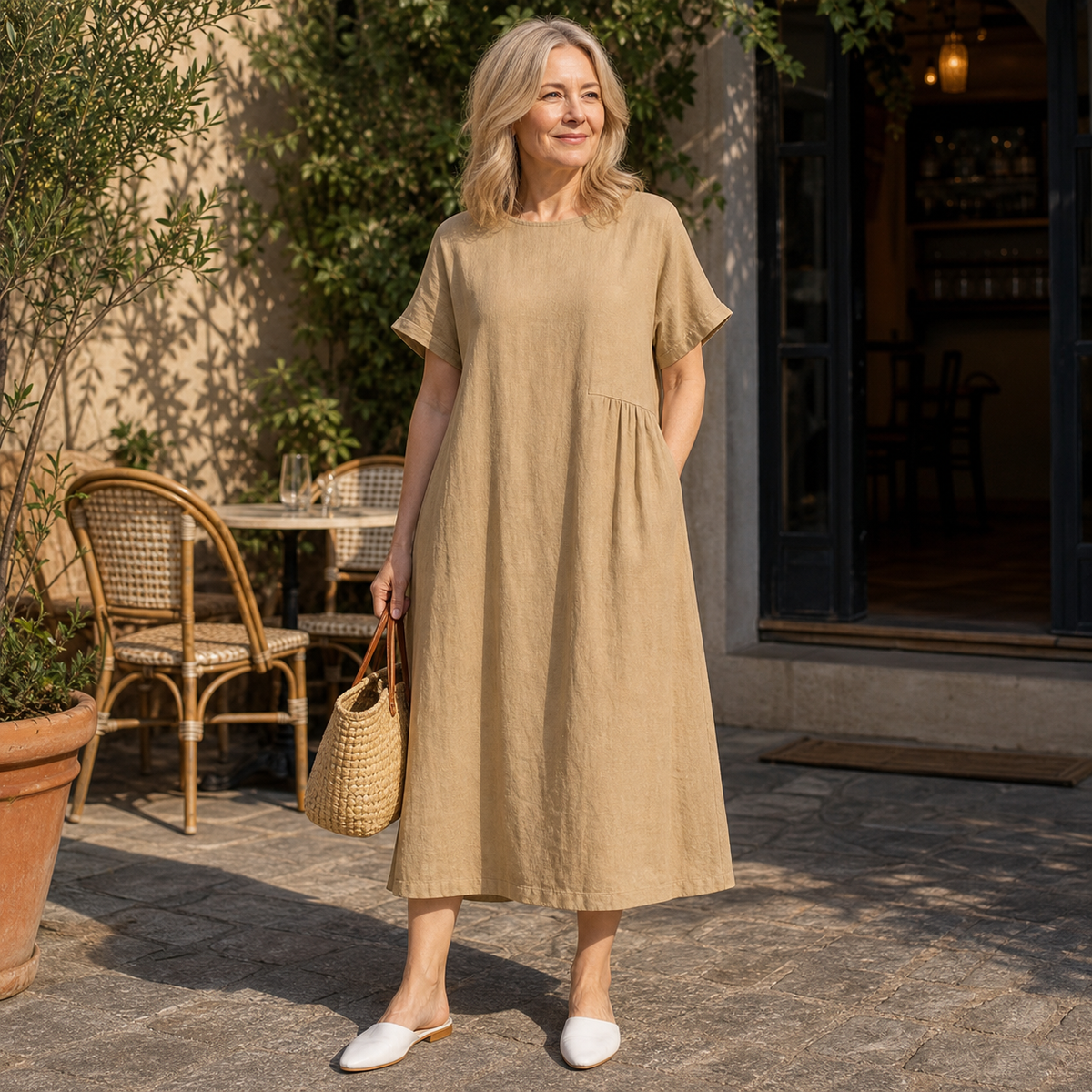 T3u0714004 Khaki relaxed linen blend pocket midi dress