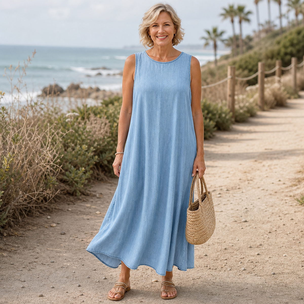 6tu0725001 mature woman wearing light blue sleeveless relaxed A-line dress